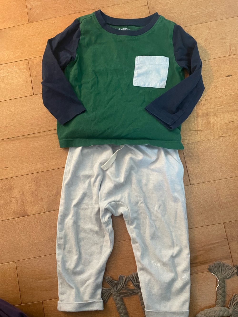 Old Navy Set - Green & Navy Raglan Top with Light Blue Pocket with grey pants